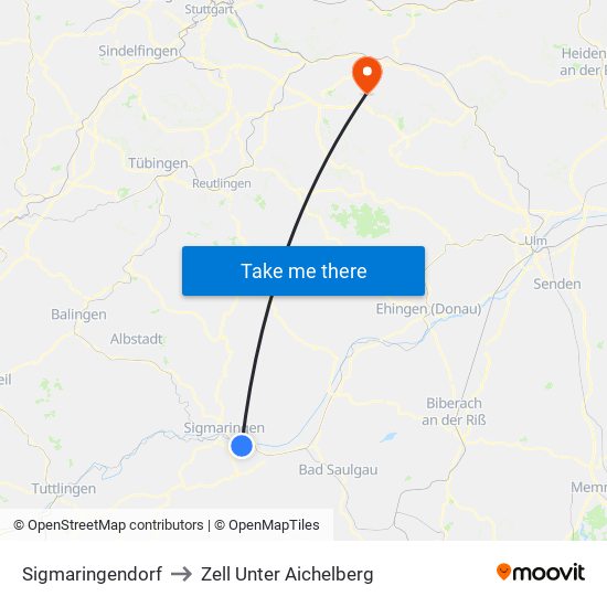 Sigmaringendorf to Zell Unter Aichelberg map