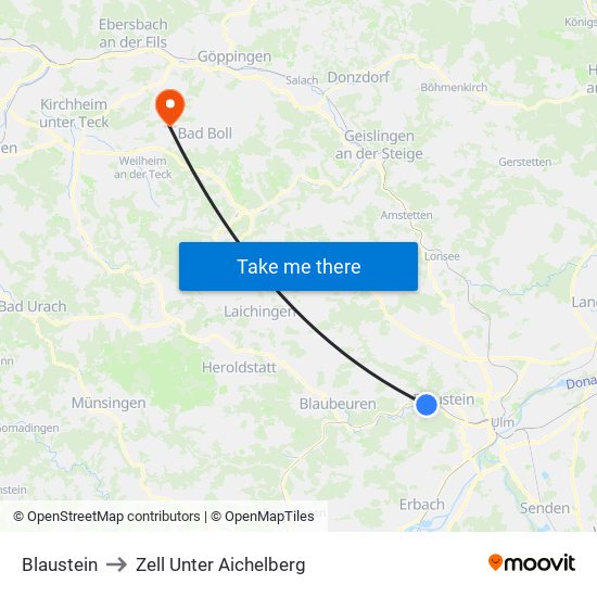 Blaustein to Zell Unter Aichelberg map