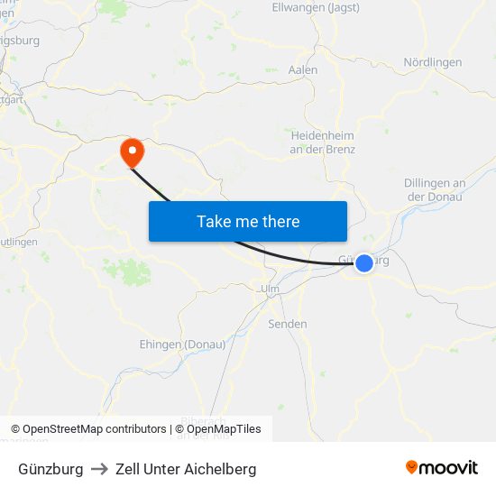 Günzburg to Zell Unter Aichelberg map