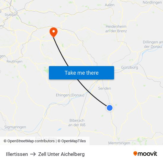Illertissen to Zell Unter Aichelberg map