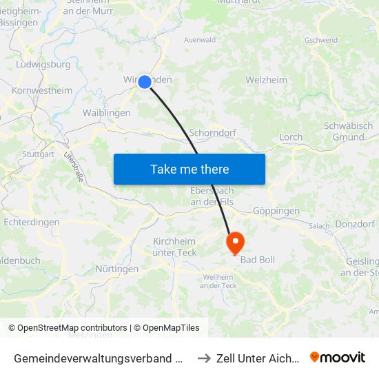 Gemeindeverwaltungsverband Winnenden to Zell Unter Aichelberg map