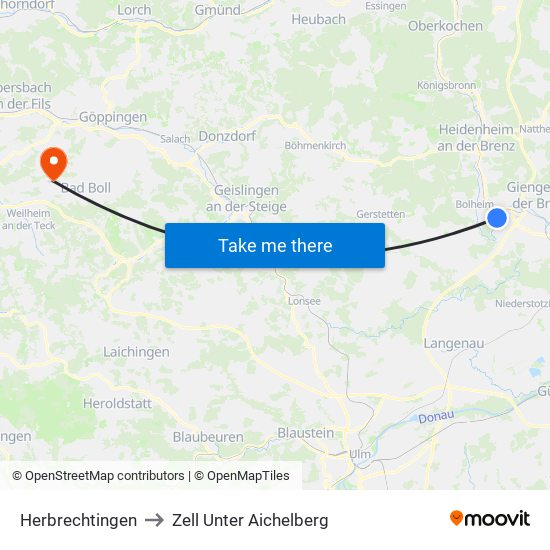 Herbrechtingen to Zell Unter Aichelberg map