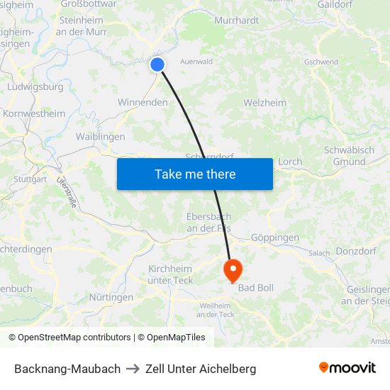 Backnang-Maubach to Zell Unter Aichelberg map