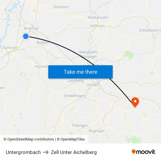 Untergrombach to Zell Unter Aichelberg map