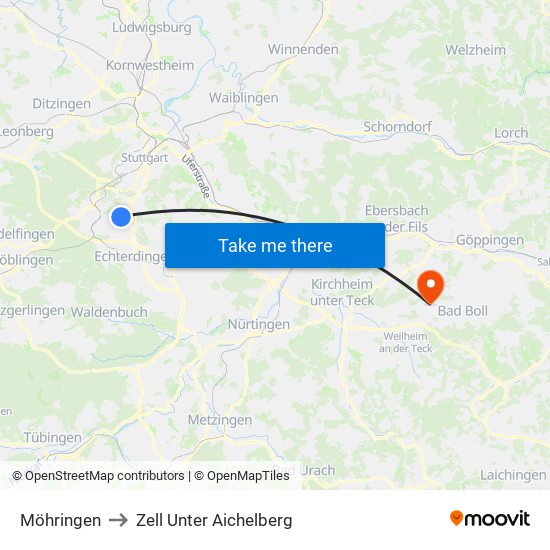 Möhringen to Zell Unter Aichelberg map