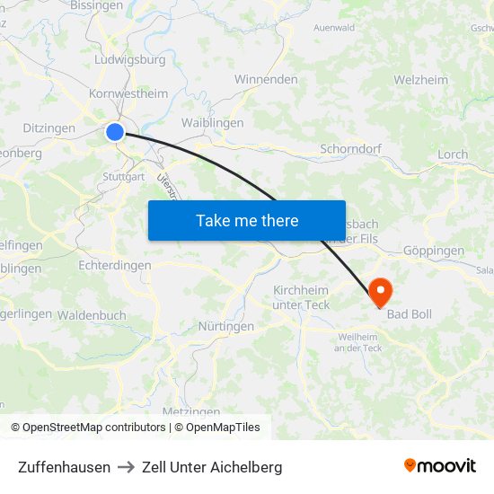 Zuffenhausen to Zell Unter Aichelberg map