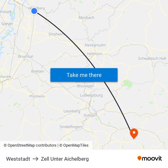 Weststadt to Zell Unter Aichelberg map