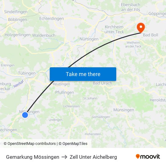 Gemarkung Mössingen to Zell Unter Aichelberg map