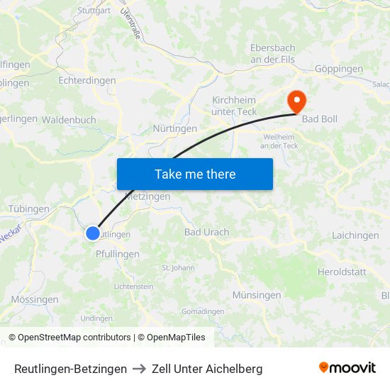 Reutlingen-Betzingen to Zell Unter Aichelberg map