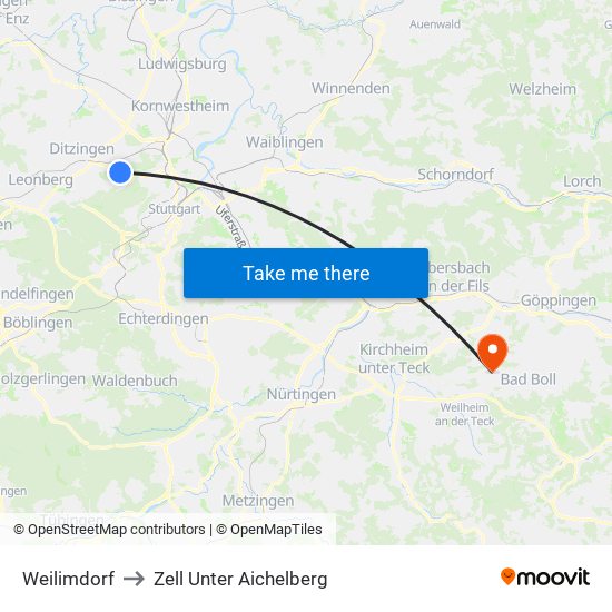 Weilimdorf to Zell Unter Aichelberg map