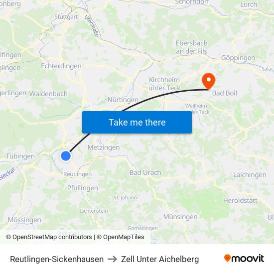 Reutlingen-Sickenhausen to Zell Unter Aichelberg map