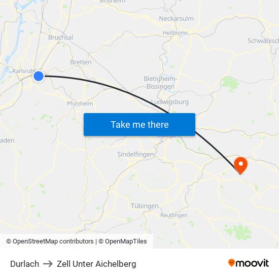 Durlach to Zell Unter Aichelberg map