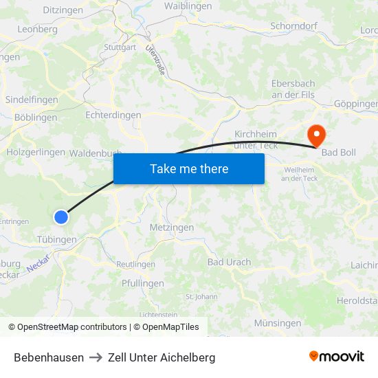 Bebenhausen to Zell Unter Aichelberg map