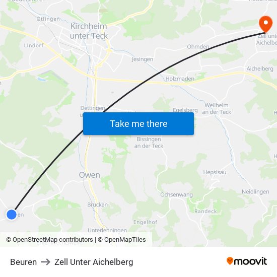 Beuren to Zell Unter Aichelberg map