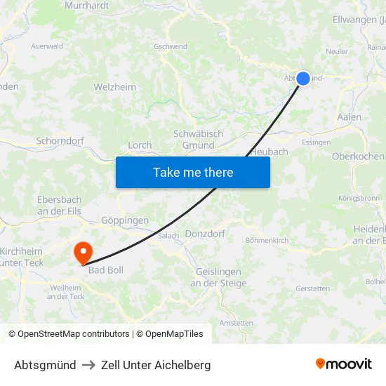 Abtsgmünd to Zell Unter Aichelberg map