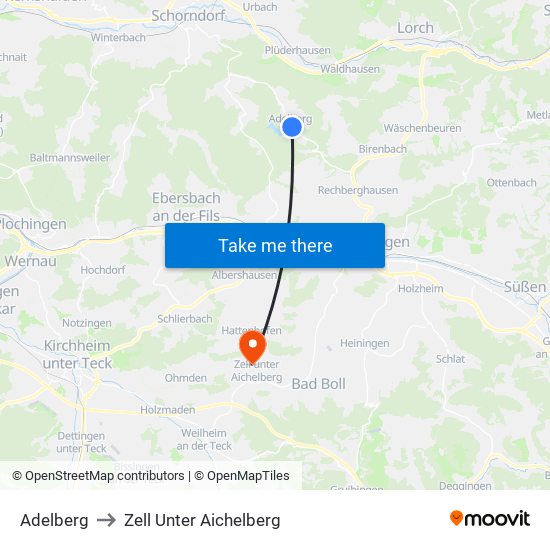 Adelberg to Zell Unter Aichelberg map