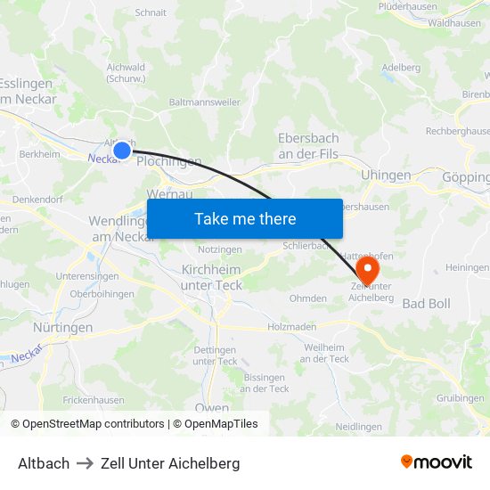 Altbach to Zell Unter Aichelberg map