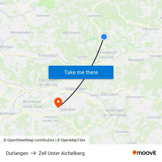 Durlangen to Zell Unter Aichelberg map