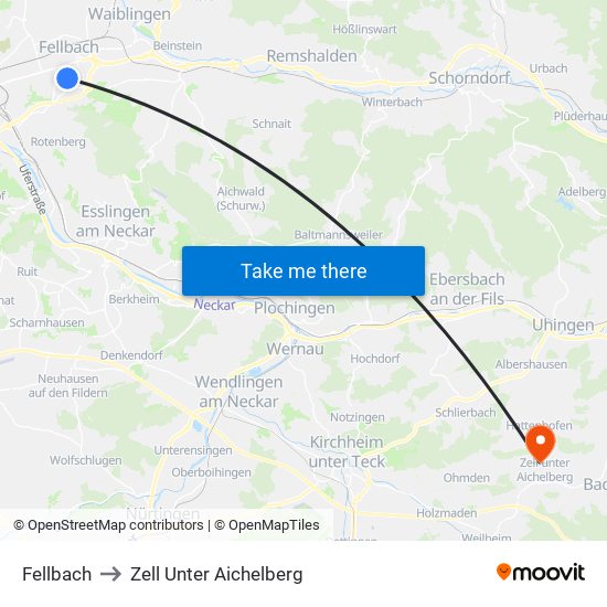 Fellbach to Zell Unter Aichelberg map