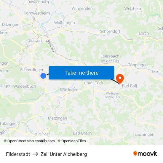 Filderstadt to Zell Unter Aichelberg map