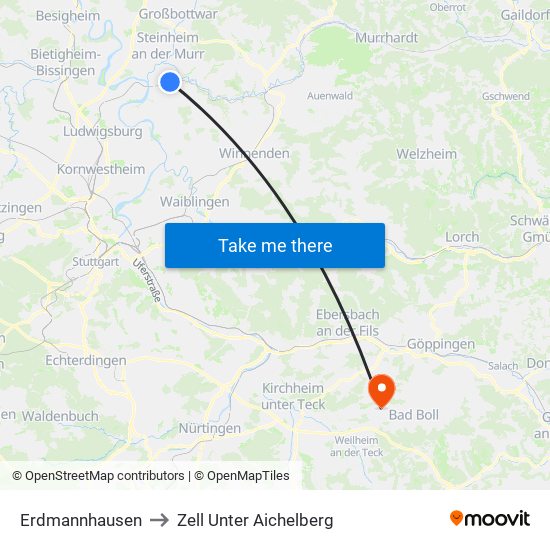 Erdmannhausen to Zell Unter Aichelberg map