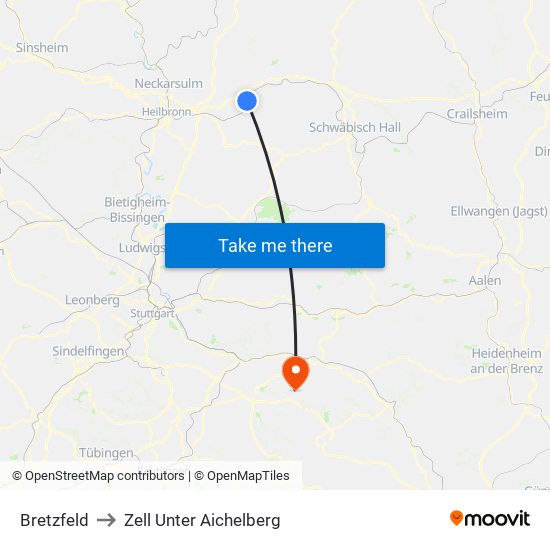 Bretzfeld to Zell Unter Aichelberg map