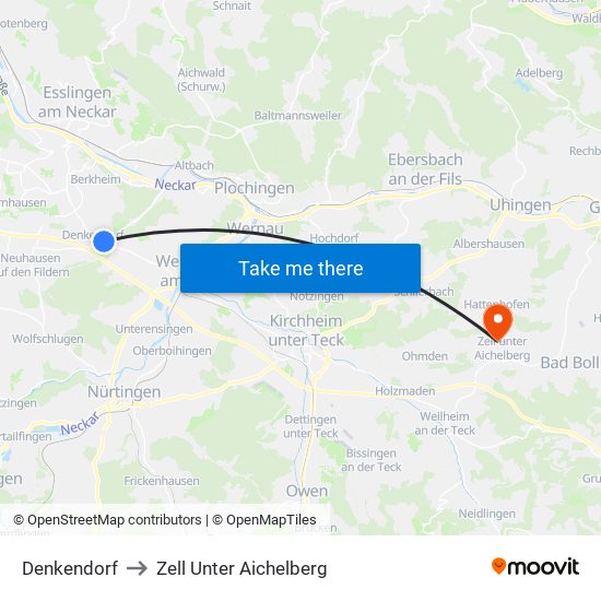 Denkendorf to Zell Unter Aichelberg map
