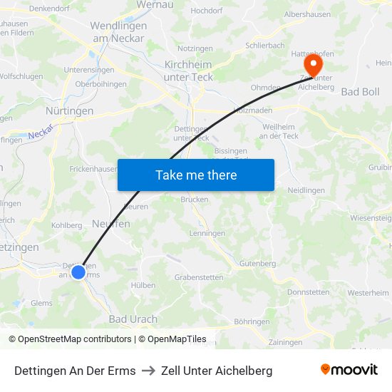 Dettingen An Der Erms to Zell Unter Aichelberg map