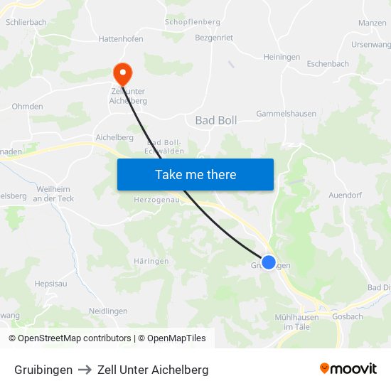 Gruibingen to Zell Unter Aichelberg map