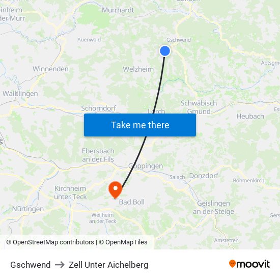 Gschwend to Zell Unter Aichelberg map
