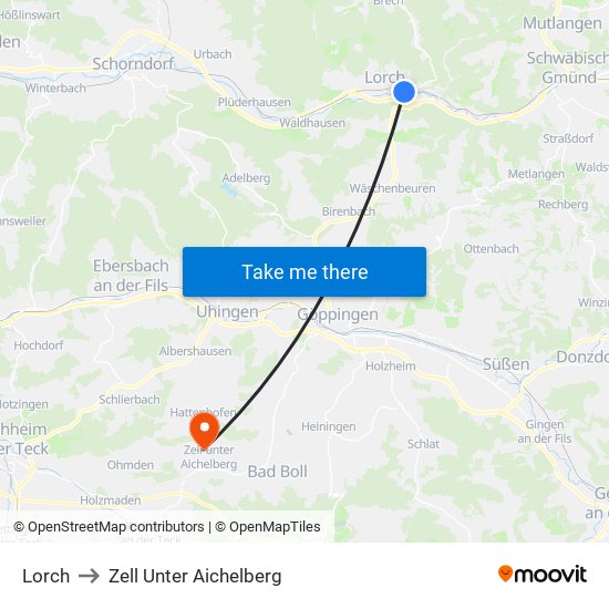 Lorch to Zell Unter Aichelberg map