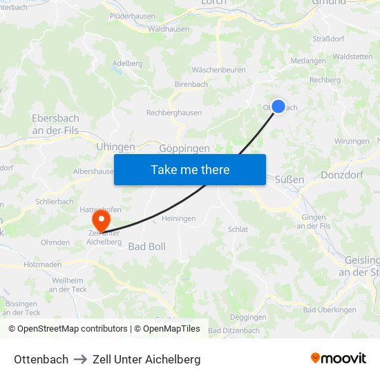 Ottenbach to Zell Unter Aichelberg map