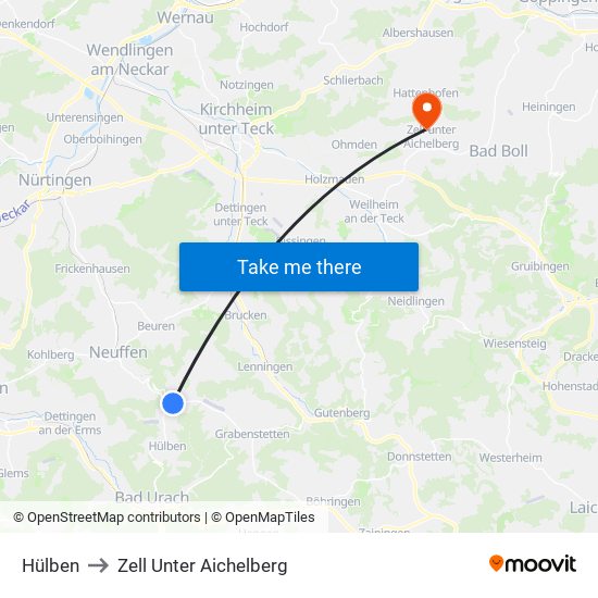 Hülben to Zell Unter Aichelberg map