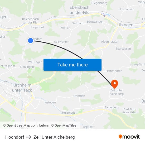 Hochdorf to Zell Unter Aichelberg map