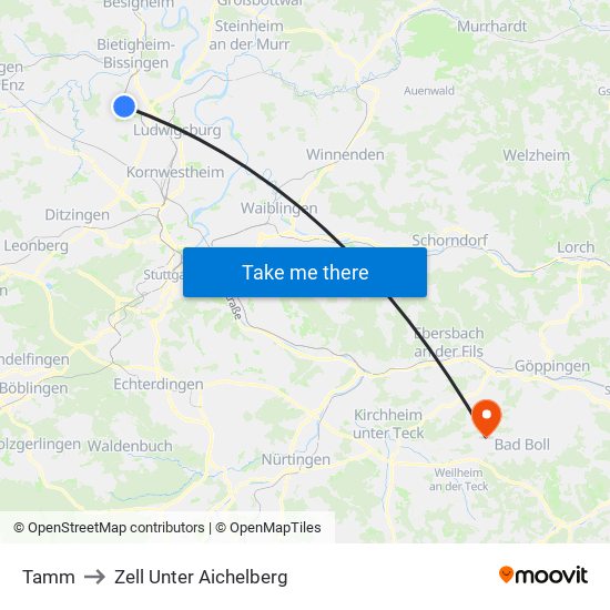 Tamm to Zell Unter Aichelberg map