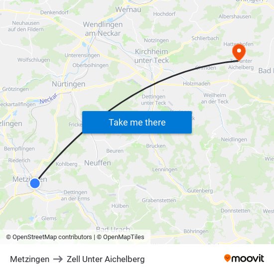 Metzingen to Zell Unter Aichelberg map
