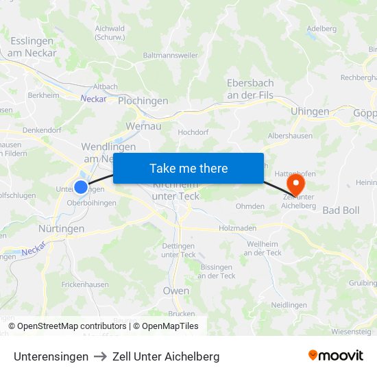 Unterensingen to Zell Unter Aichelberg map