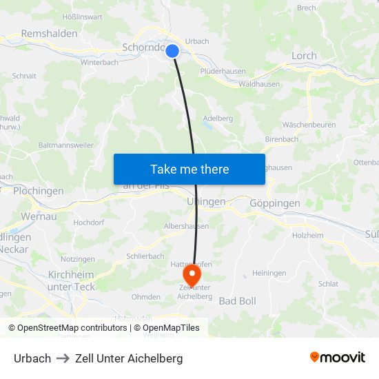 Urbach to Zell Unter Aichelberg map