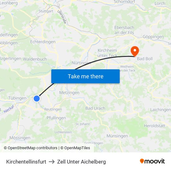 Kirchentellinsfurt to Zell Unter Aichelberg map