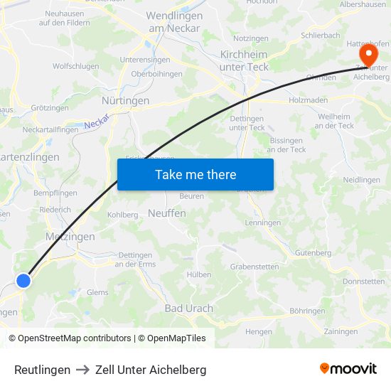 Reutlingen to Zell Unter Aichelberg map