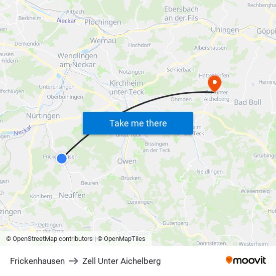 Frickenhausen to Zell Unter Aichelberg map
