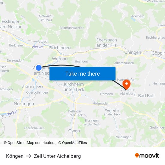 Köngen to Zell Unter Aichelberg map