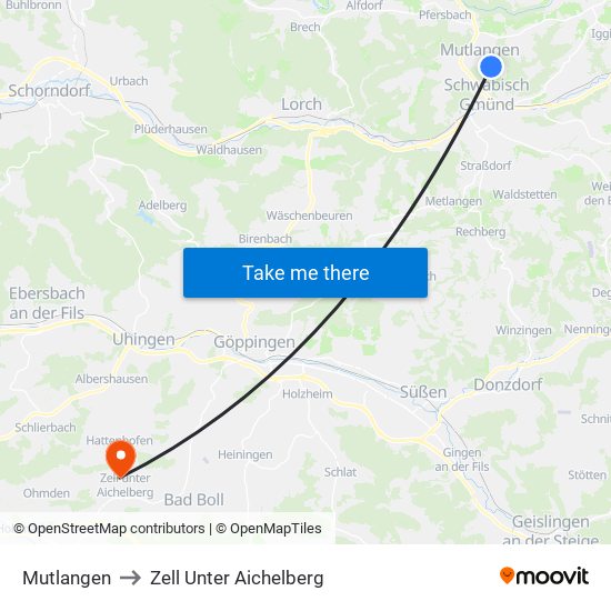 Mutlangen to Zell Unter Aichelberg map