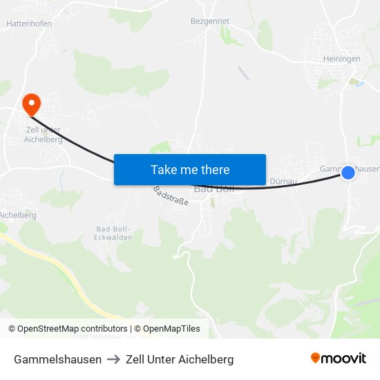 Gammelshausen to Zell Unter Aichelberg map
