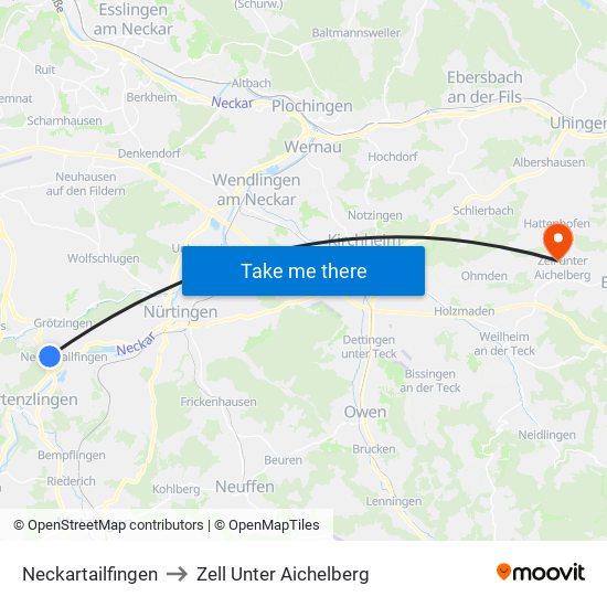 Neckartailfingen to Zell Unter Aichelberg map