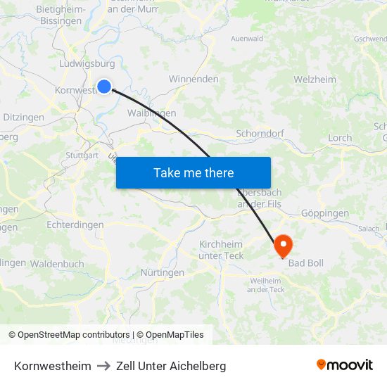 Kornwestheim to Zell Unter Aichelberg map