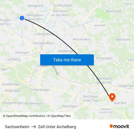 Sachsenheim to Zell Unter Aichelberg map