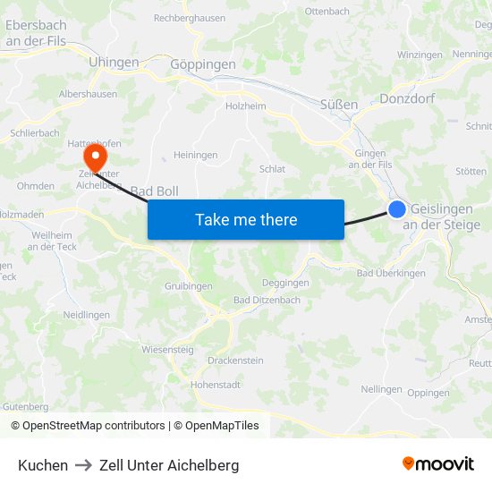 Kuchen to Zell Unter Aichelberg map