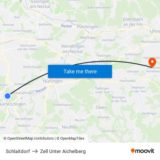 Schlaitdorf to Zell Unter Aichelberg map