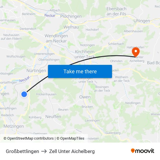 Großbettlingen to Zell Unter Aichelberg map